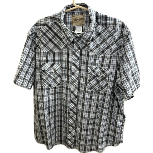 Wrangler Western Pearl Snap Shirt Mens 2XL Blue Plaid Short Sleeve Cowboy - Picture 1 of 8